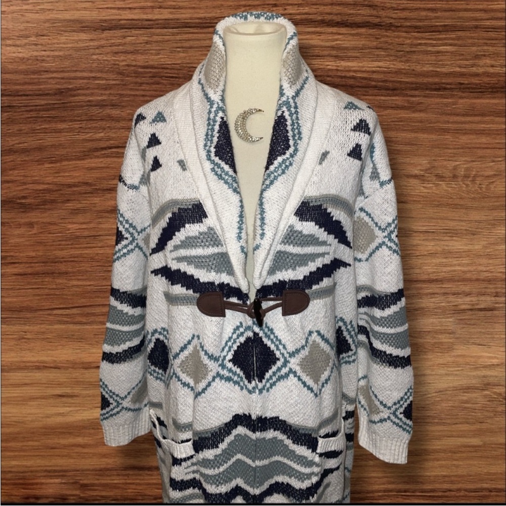 Coldwater Creek Taos Trails Southwestern Oatmeal Duster Knit Cardigan 1X VGUC